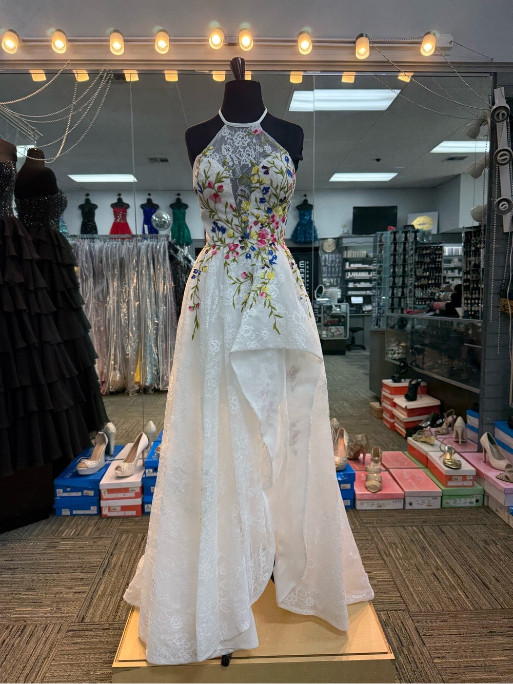 SHERRI HILL 50967 IVORY FLORAL SIZE 8 HALTER HIGH LOW FORMAL PROM HOCO DRESS